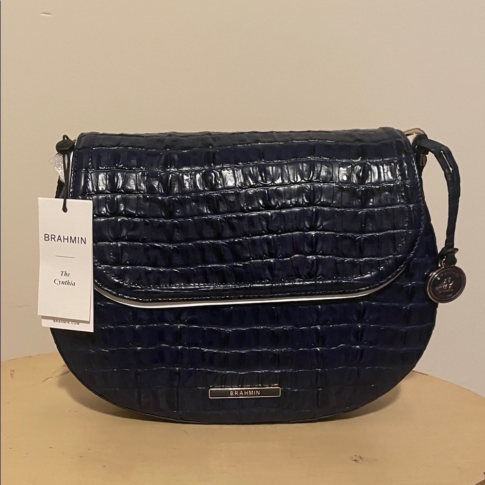 Brahmin Navy Blue Croc-Embossed Crossbody Bag- “Cynthia” in Ink Leontyne